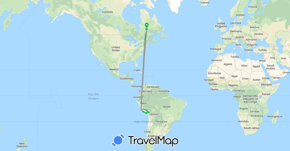 TravelMap itinerary: bus, plane, train, hiking in Canada, Peru (North America, South America)